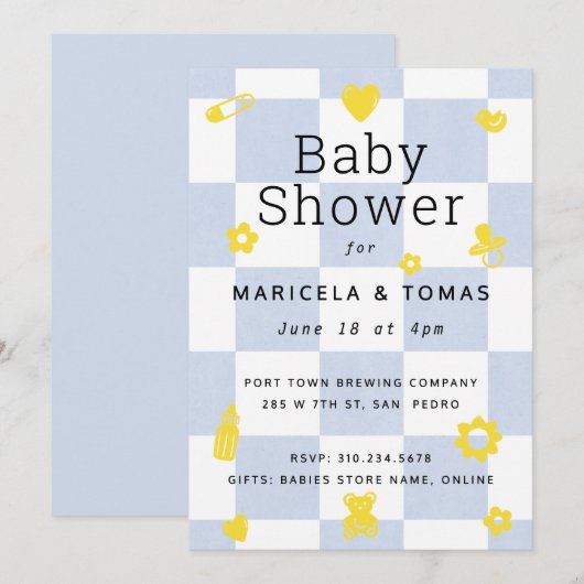 Blauw en geel Checker Baby shower Kaart (Voorkant / Achterkant)