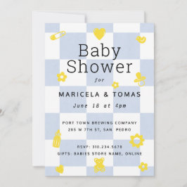 Blauw en geel Checker Baby shower Kaart