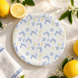 Blauw en Geel Citrus Citroen Patroon Papieren Bordje