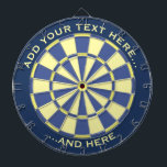 Blauw en geel dartboard met aangepaste tekst dartbord<br><div class="desc">Dartboard in blauw en geel en twee gebieden van de douanetekst.</div>