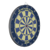 Blauw en Geel Dartbord met aangepaste tekst (Voorkant Links)