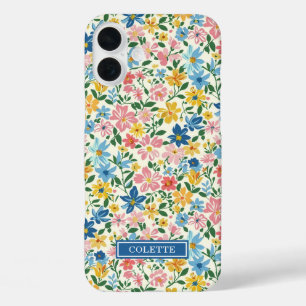 Blauw en Geel Ditsy Bloemen Monogram iPhone 16 Plus Hoesje