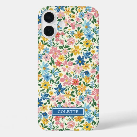 Blauw en Geel Ditsy Bloemen Monogram Case-Mate iPhone Case (Achterkant)