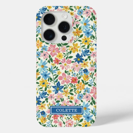 Blauw en Geel Ditsy Bloemen Monogram Case-Mate iPhone Case (Achterkant)