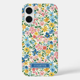 Blauw en Geel Ditsy Bloemen Monogram iPhone 16 Hoesje