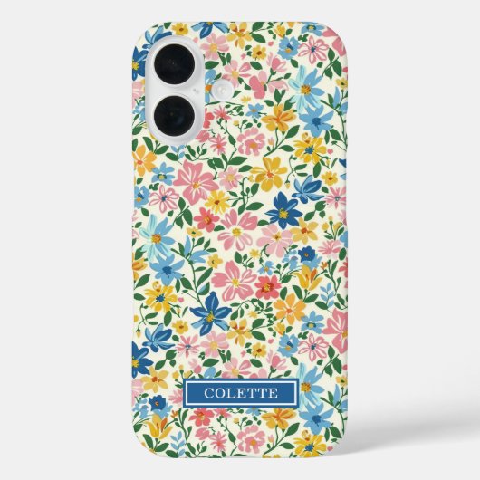 Blauw en Geel Ditsy Bloemen Monogram Case-Mate iPhone Case (Achterkant)