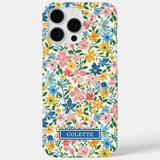 Blauw en Geel Ditsy Bloemen Monogram Case-Mate iPhone Case (Achterkant)