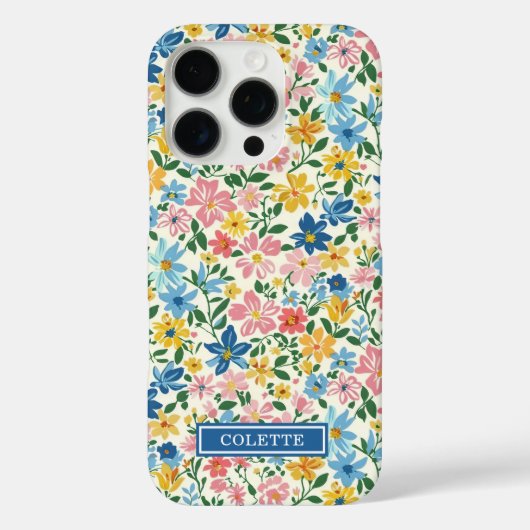 Blauw en Geel Ditsy Bloemen Monogram Case-Mate iPhone Case (Achterkant)