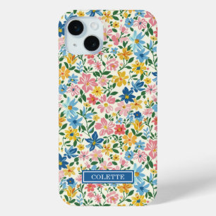 Blauw en Geel Ditsy Bloemen Monogram iPhone 15 Mini Hoesje