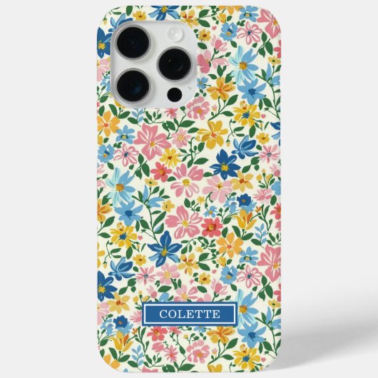 Blauw en Geel Ditsy Bloemen Monogram Case-Mate iPhone Case (Achterkant)