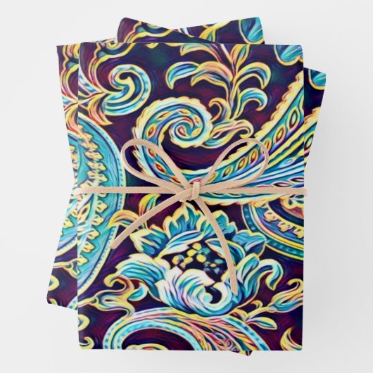 Blauw en Geel Dream  Paisley Inpakpapier Vel (In situ)