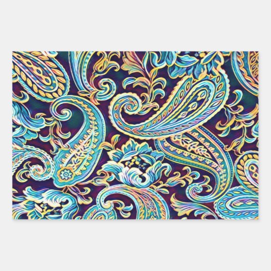 Blauw en Geel Dream  Paisley Inpakpapier Vel (Voorkant 3)