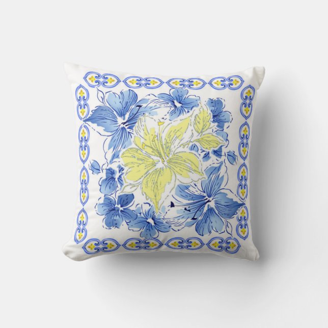 Blauw en geel Floral Square Sierkussen (Voorkant)