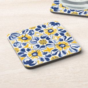 Blauw en geel, florale Azulejos Bier Onderzetter