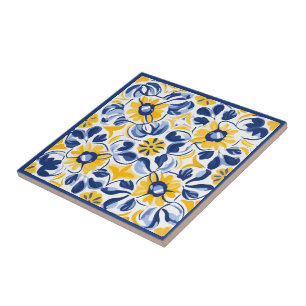 Blauw en geel, florale Azulejos Tegeltje