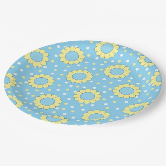 Blauw en geel floreel patroon papieren bordje (Gekanteld)