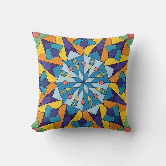 Blauw en geel fractaal geometrisch patroon kussen (Voorkant)