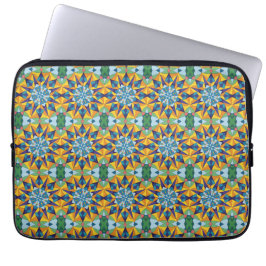 Blauw en geel fractaal geometrisch patroon laptop sleeve