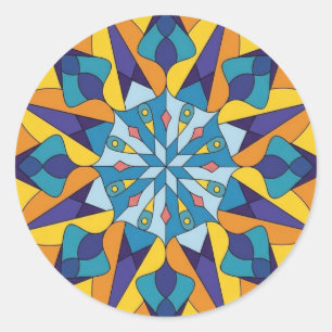 Blauw en geel fractaal geometrisch patroon ronde sticker