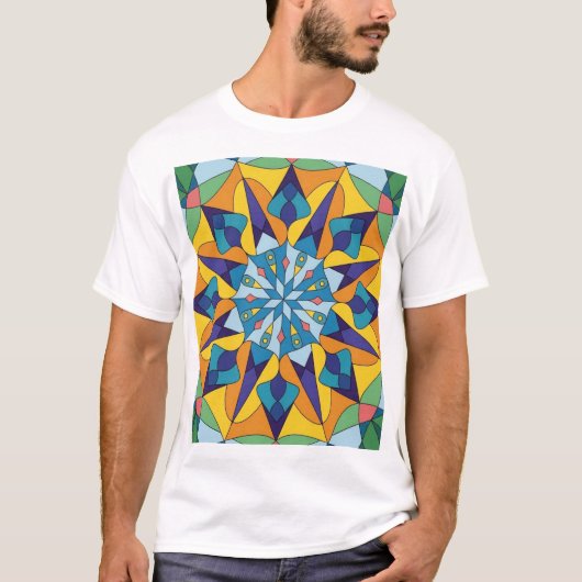 Blauw en geel fractaal geometrisch patroon t-shirt (Voorkant)