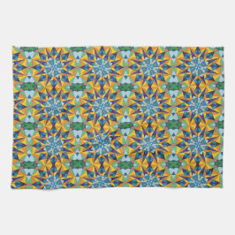 Blauw en geel fractaal geometrisch patroon theedoek
