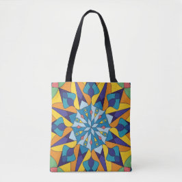 Blauw en geel fractaal geometrisch patroon tote bag