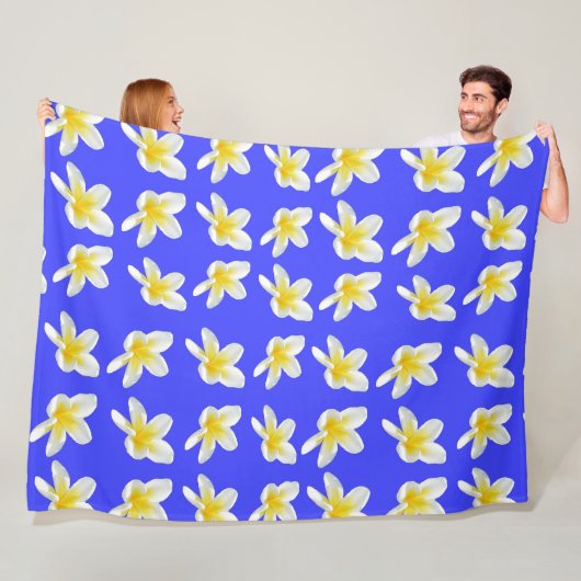 Blauw en geel Frangipani patroon, Fleece Deken (In situ)