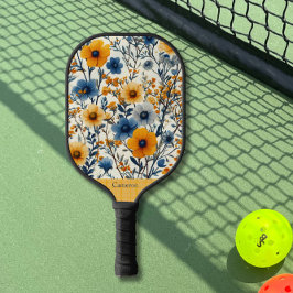 Blauw en Geel Gebied Bloemen Modern Monogram Pickleball Paddle