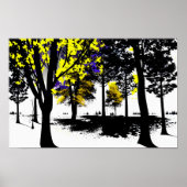 Blauw en geel gebladerte op zwart-witte wereld poster (Voorkant)