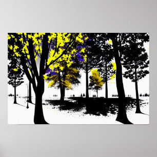 Blauw en geel gebladerte op zwart-witte wereld poster