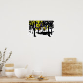 Blauw en geel gebladerte op zwart-witte wereld poster (Keuken)