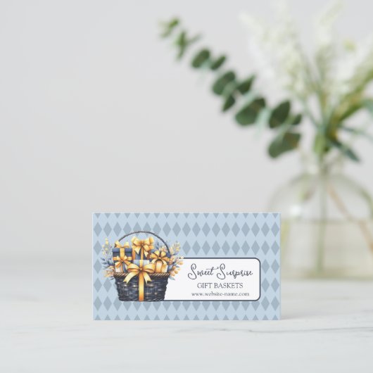Blauw en geel geschenkmand visitekaartje (Staand voorkant)