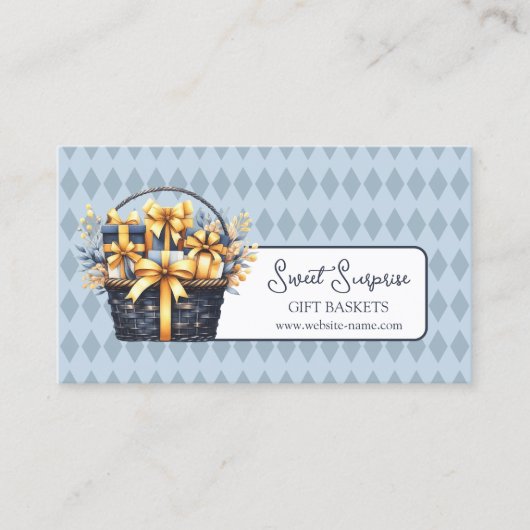 Blauw en geel geschenkmand visitekaartje (Voorkant)