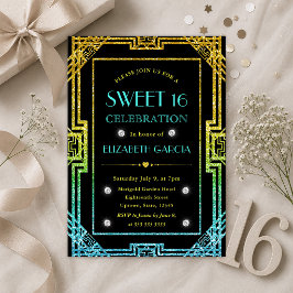 Blauw en Geel Glitter Art Deco Frame Sweet 16 Kaart
