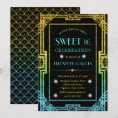 Blauw en geel Glitter Art Deco Lijst Sweet 16 Kaart (Voorkant / Achterkant)