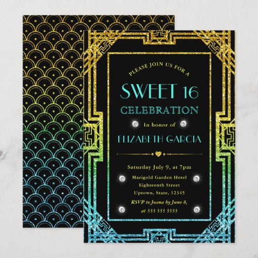 Blauw en geel Glitter Art Deco Lijst Sweet 16 Kaart (Voorkant / Achterkant)