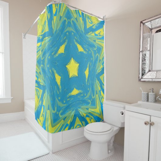 Blauw en geel gordijn voor de douche (In situ)