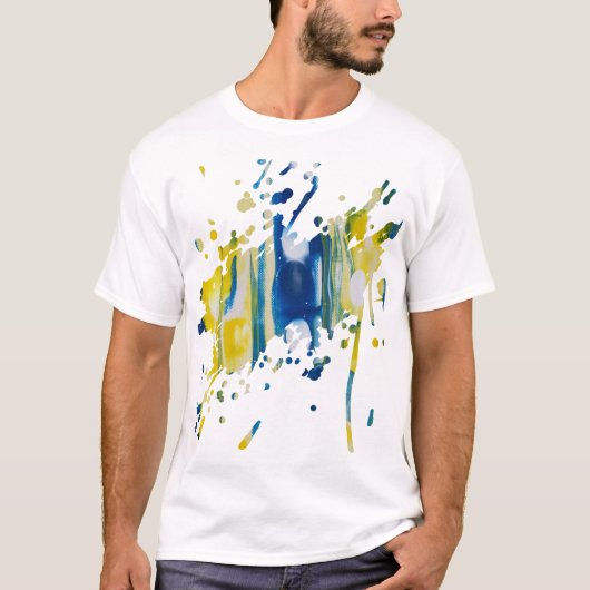 Blauw en geel | handgemaakte kunst t-shirt (Voorkant)