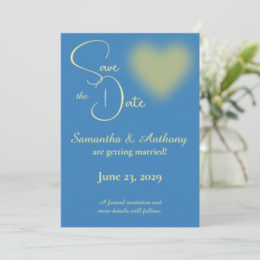 Blauw en Geel Hart Save The Date Kaart (Staand voorkant)
