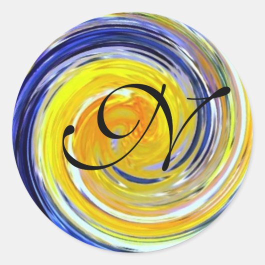 Blauw en geel initiaal ronde sticker (Voorkant)