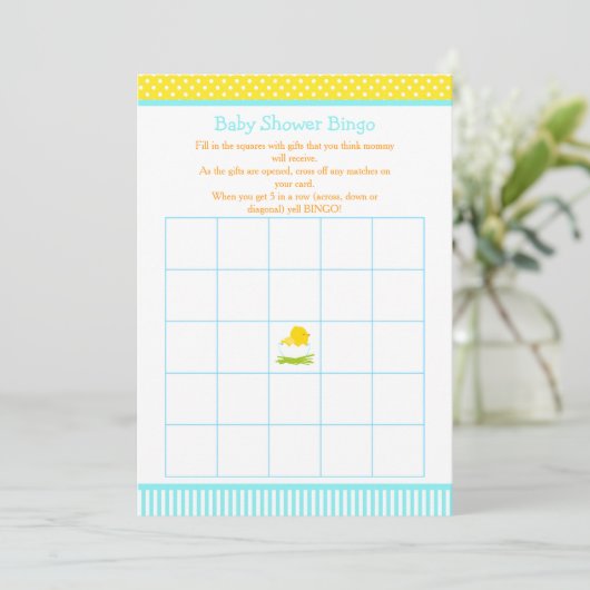Blauw en Geel Jongen Chick Baby shower Bingo Kaart (Staand voorkant)