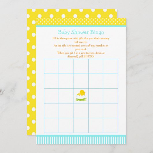 Blauw en Geel Jongen Chick Baby shower Bingo Kaart (Voorkant / Achterkant)