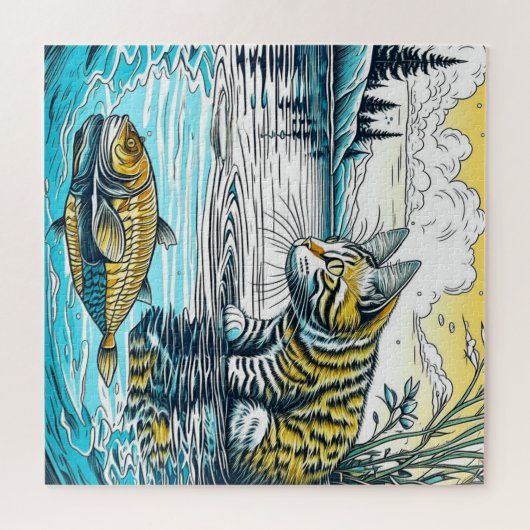 Blauw en Geel Kat en Vis Spelletjes Ai Art Legpuzzel (Horizontaal)