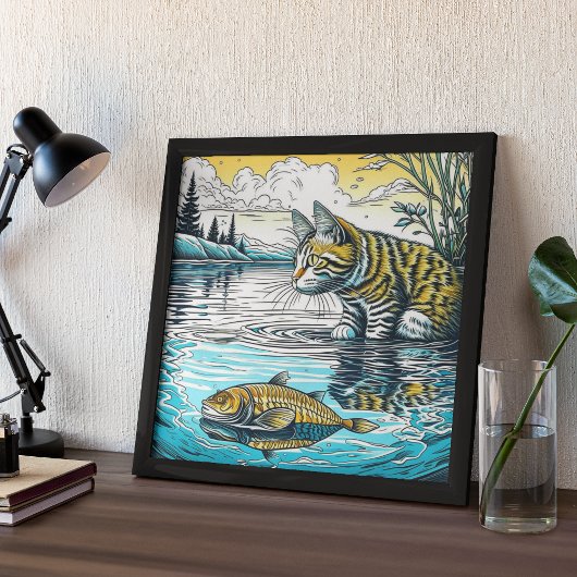 Blauw en Geel Kat en Vis Spelletjes Ai Art Poster