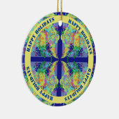 Blauw en geel kruis ontwerp - tekst keramisch ornament (Rechts)