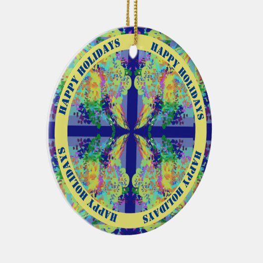 Blauw en geel kruis ontwerp -  tekst keramisch ornament (Rechts)