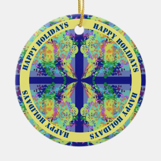Blauw en geel kruis ontwerp - tekst keramisch ornament (Voorkant)