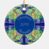 Blauw en geel kruis ontwerp - tekst keramisch ornament (Achterkant)