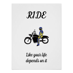 Blauw en geel leer tijdens een motorrace perfect poster