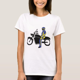 Blauw en geel leer tijdens een motorrace t-shirt